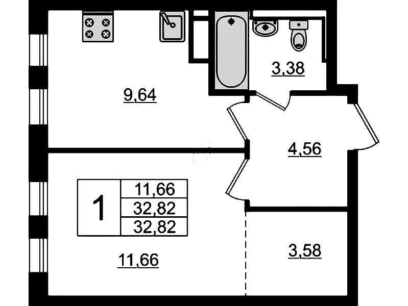 1-комнатная квартира 32.82 м², 3/12 эт., ЖК «Новые Лаврики»